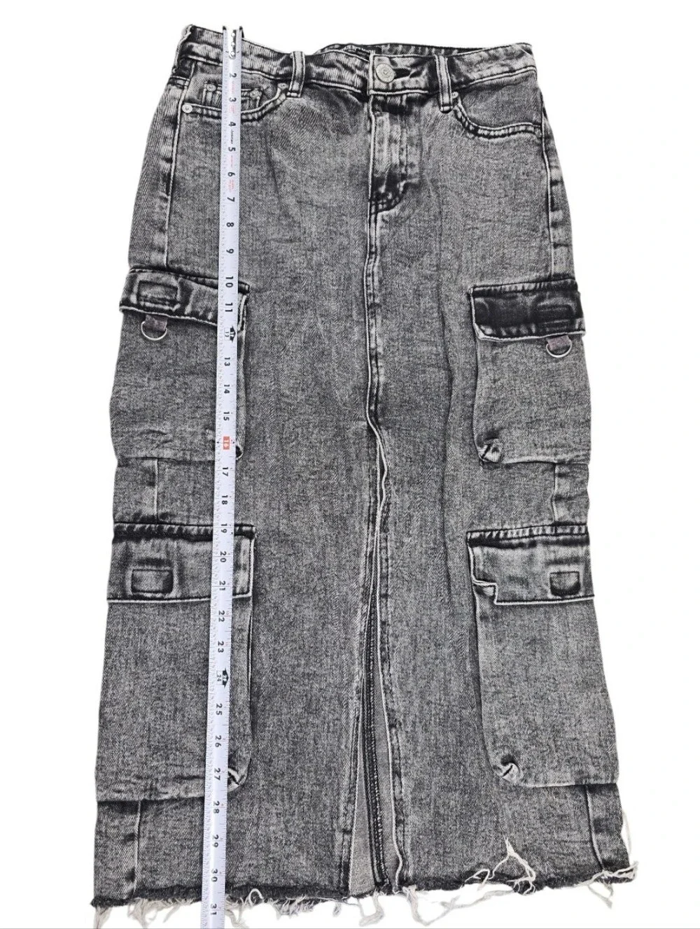 True Religion Vintage Charcoal Wash Cargo Denim Midi Slit Skirt Size 24